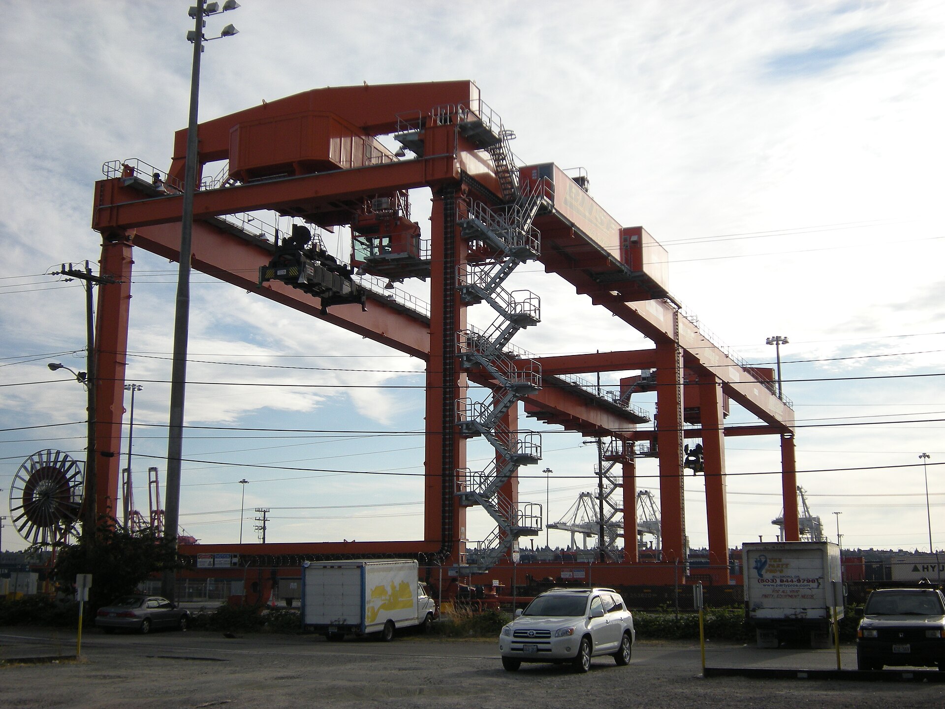Intermodal containers stacked on railcars at a freight terminal