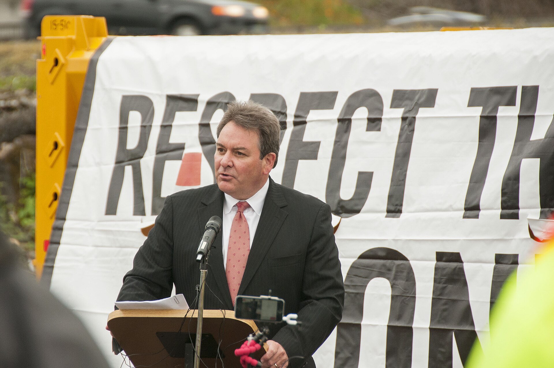 ATA president Mark Colson speaking at Mid-America Trucking Show podium