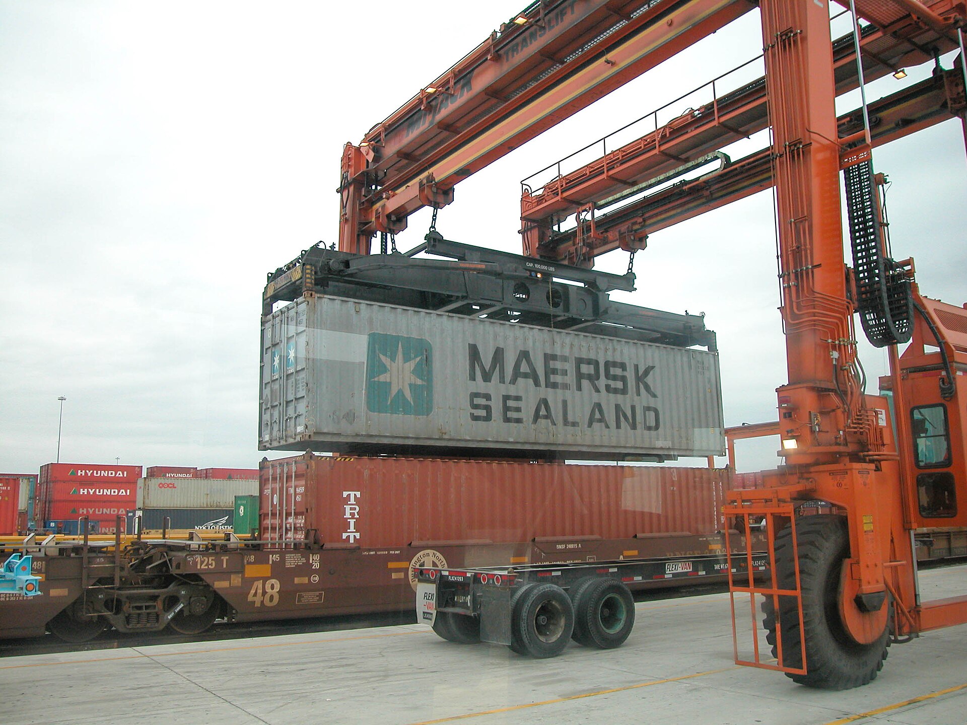 Intermodal chassis stacked at a rail terminal yard
