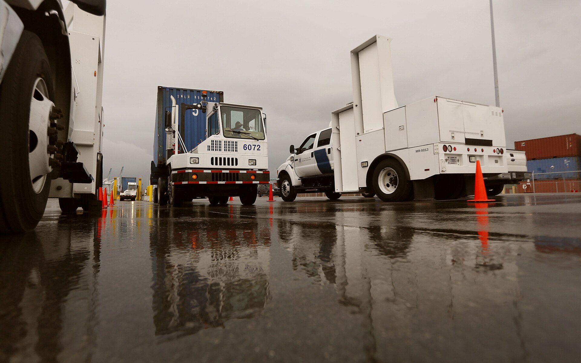 Commercial trucks queued at U.S.-Mexico border crossing in Eagle Pass, Texas