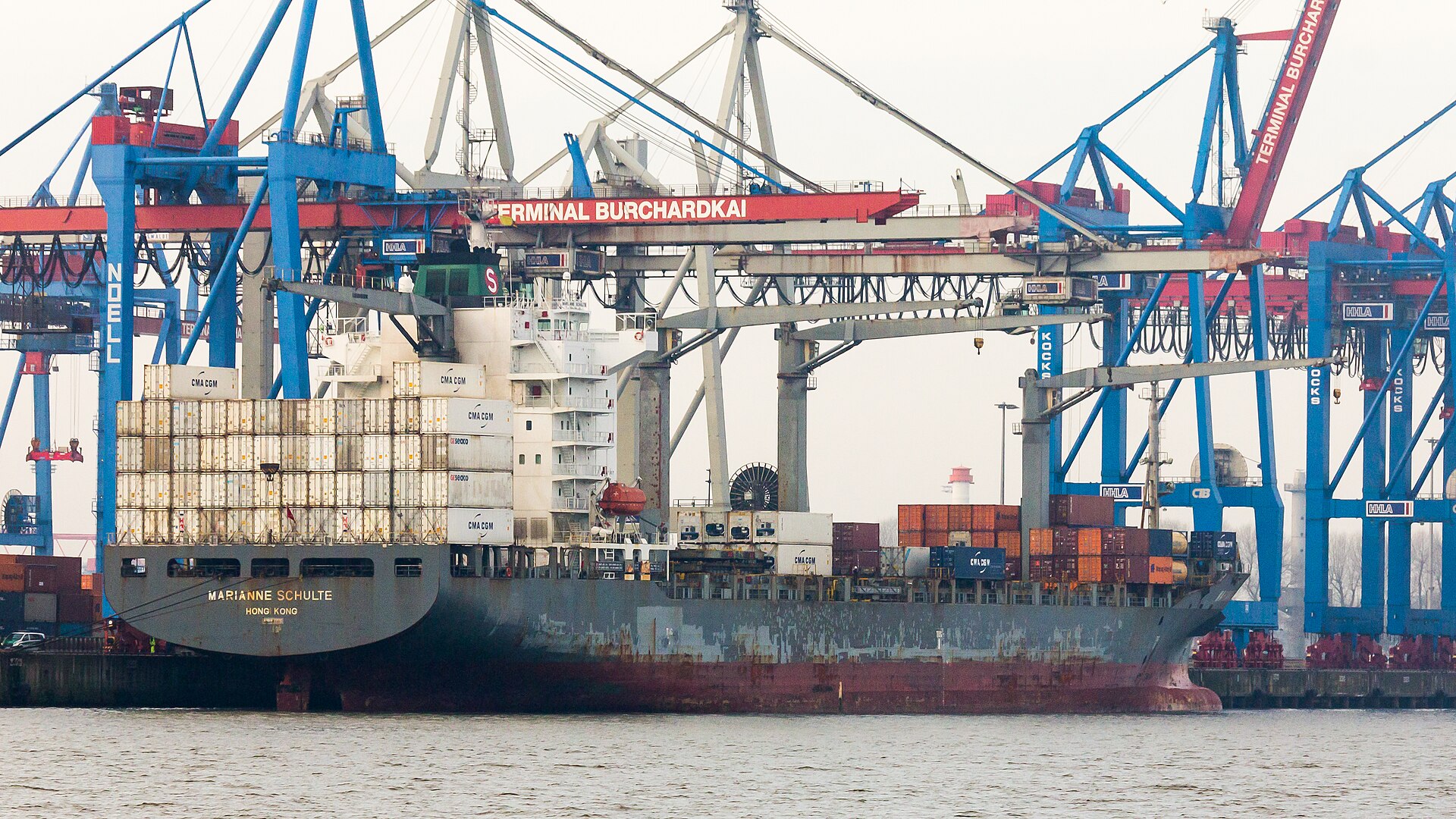 Container ships docked at the Port of Los Angeles with stacked shipping containers in the foreground